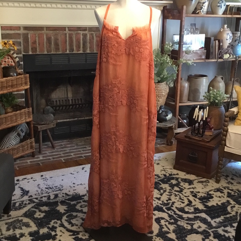 Embroidered Rust Orange Canal & Bowery Silk Dress